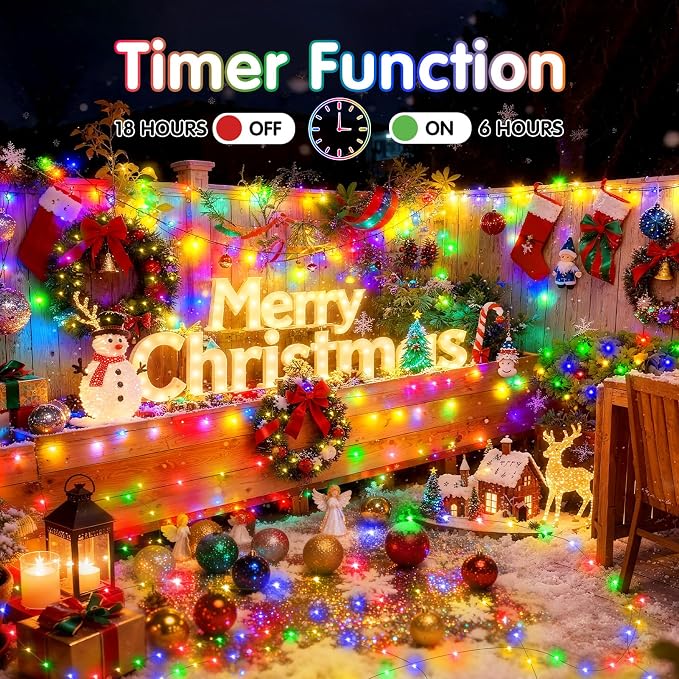 KNONEW 203FT 600LED Green Wire Outdoor Fairy Lights Plug in Multicolor Xmas | Timer,Memory,Dimmable,Remote,Waterproof,Green Wire,Invisible in Greenery,for Garden,Wedding,Party, Indoor/Outdoor, Christmas