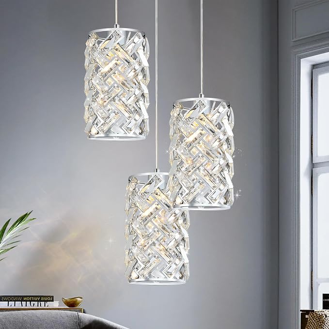 Chrome Crystal Cluster Pendant Light, 3-Light Kitchen Island Hanging Light | 3-light chrome crystal pendant with adjustable height, E26 sockets, dimmable for kitchen islands, dining rooms and bedrooms