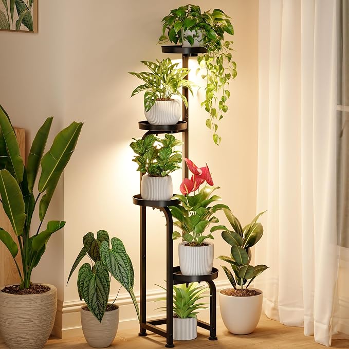 Bamworld Plant Stand with Grow Light Corner Metal Flower Pot Stands | 4 Tier Plant Shelf with Grow Lights for Patio Garden Balcony Living Room Bedroom(Patent Design)