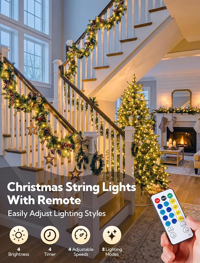 98FT 200 LED Warm White Christmas Fairy Twinkle String Lights Indoor | Remote Control, 8 Modes with Memory, 4 Dimmable Brightness, 3 speed levels, Connectable, IP65 Waterproof, Transparent Wire