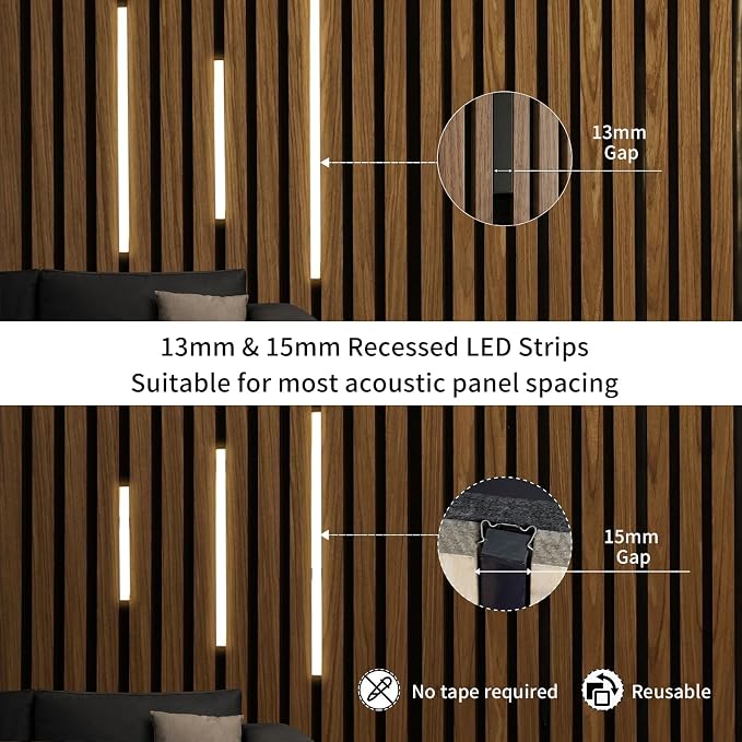 Recessed LED Silicone Strip Lights for Wood Slat Walls, 6-Pack, 3000K | Clip-In Installation with No Adhesive, Black Hidden Design, Touch Dimmer and Switch for Living Rooms and Bedrooms