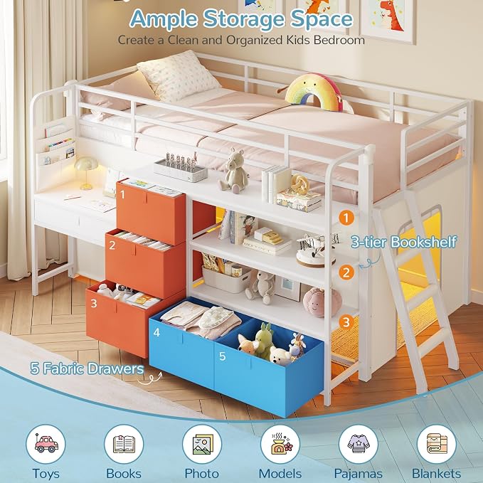 Low Loft Bed Twin Size with Desk, 6 Storage Drawers & Bookshelf, Kids Loft Bed with LED Lights & Under-Bed Play Space, Heavy Duty Metal Frame with 13.8"H Safety Guardrail & Ladder, White & Multicolor