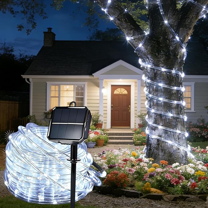 Solar Rope Lights for outside, 66ft 200 LED Solar string Lights with 8 Modes, Waterproof Solar Outdoor Light for Patio Garden Party Tree Porch Pool Fence Outdoor Holiday Xmas Decoration-White