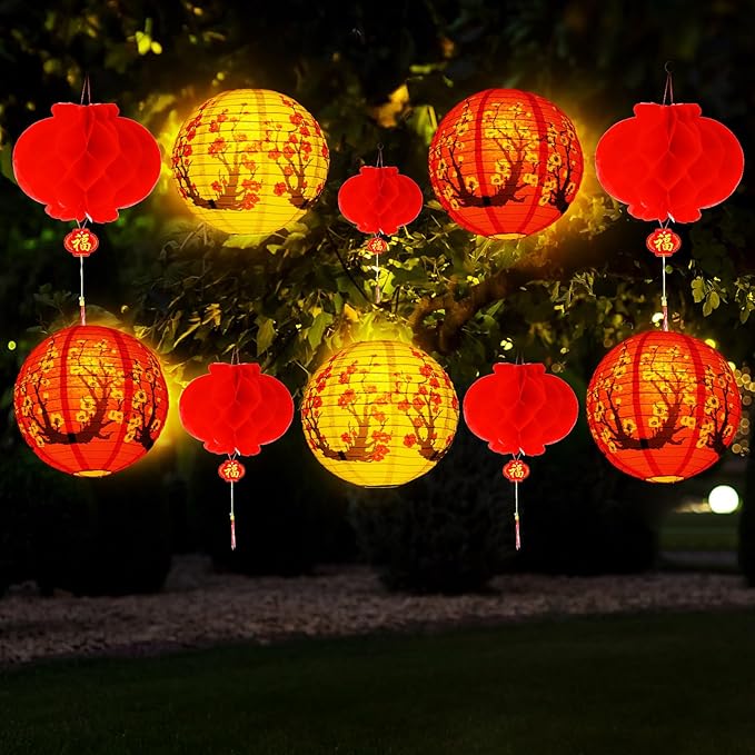 Tuanse 30 Pcs Chinese Japanese Paper Lanterns with LED Light, 2026 Chinese Lunar New Year Decoration Cherry Blossom Red Hanging Lanterns for Spring Festival Home Decor(12 Inch,Red, White)