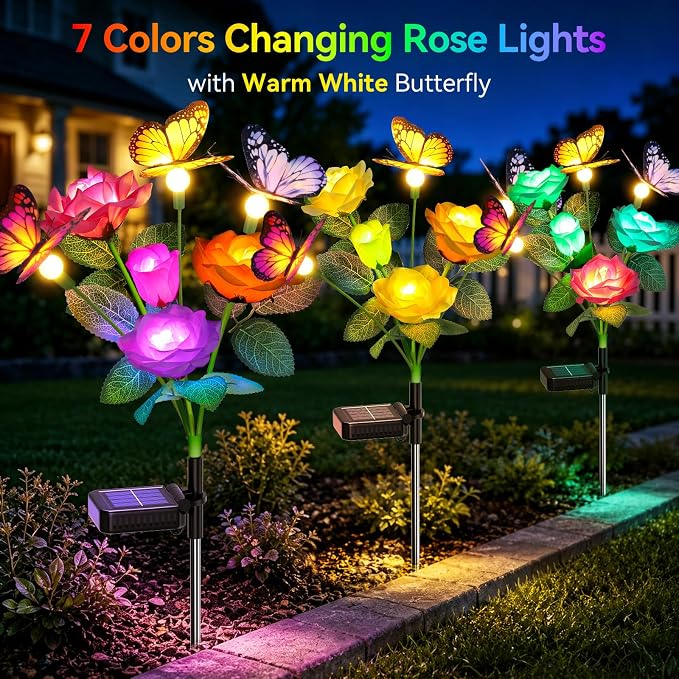 Solar Garden Lights Outdoor, 3 Pack Solar Flower Swaying Butterfly Lights | 12 Color Changing Rose Flowers & 9 Warm White Butterflies, IP65 Waterproof Garden Decor for Outside, Gifts for Women