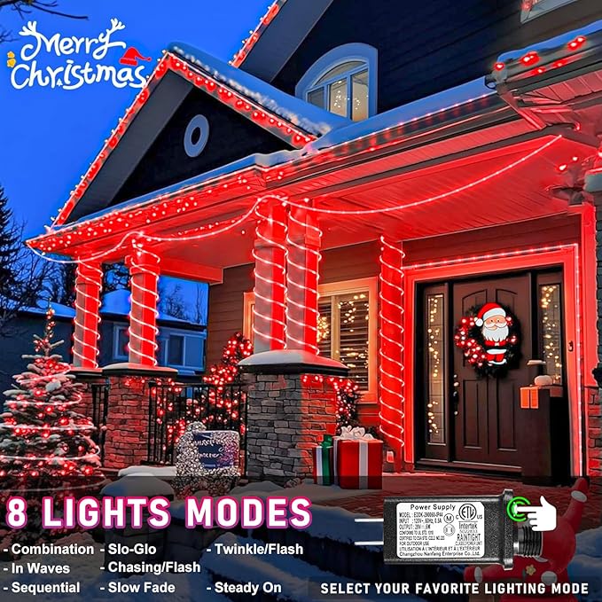 66FT 200 LED Rope Lights Outdoor Waterproof, Connectable Rope Lights for Outside with 8 Modes, Plug in Flexible String Lights for Indoor Bedroom Backyard Yard Patio Pool Tree Decorations - Red