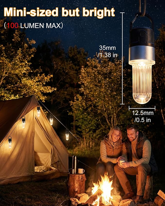 pearlstar 4 Pack Led Camping Lantern USB Rechargeable Outdoor Tent Lights with Clip for Hanging Hook Camping Flashlight Emergency Lamp, 4 Modes/IPX5 Waterproof/Battery Powered (Black)