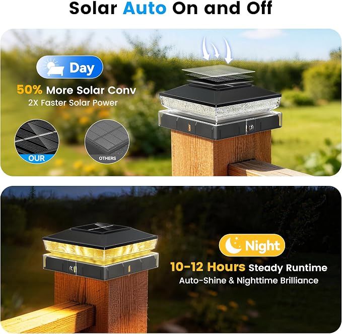 Solar Post Cap Lights 12 Pack, Post Lights for 4x4 Wood/Vinyl Posts | 3.5x3.5/4x4 Fence Post Solar Lights, IP65 Waterproof, 10-12H Upgraded Warm/Cool White Glow for Garden/Patio/Porch - Black