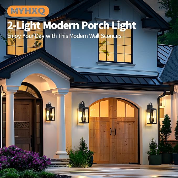 18'' Large Outdoor Wall Lights 2 Packs, Porch Light E12 2-Light, Black | Waterproof Exterior Lighting Fixtures, Outdoor Lanterns for Porch, Modern Wall Sconces, Outside Lights for House Garage