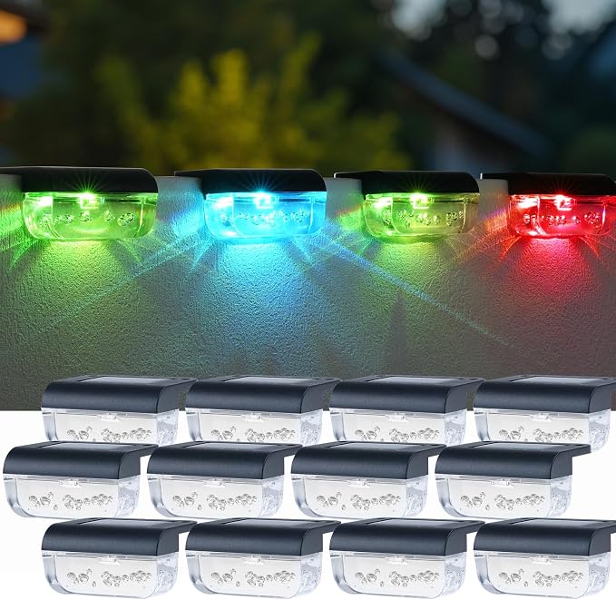 Herzila 12 Pack Solar Deck Lights, RGB Color Changing Christmas Solar Fence Lights, Waterproof Step Lights for Outside, Step, Fence, Deck, Stair, Pool and Yard