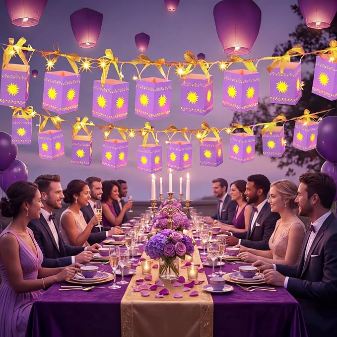 20 Pack Princess Sun Hanging Lanterns with LED Light Purple Princess Hanging Paper Lanterns DIY Set Sun Cutout Square Round Decorations for Photo Props Birthday Party(Purple)