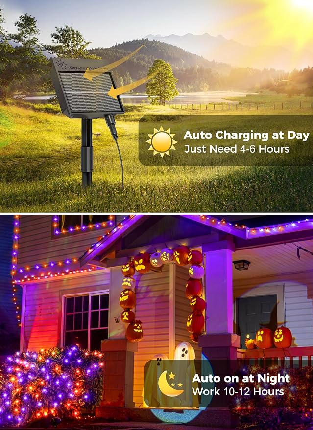 Minetom Solar Halloween Lights Outdoor, 40FT 100 LED Halloween String Light | Black Wire Halloween Decoration Outdoor with 8 Modes, Waterproof Solar String Lights for Outside Tree Yard, Orange & Purple