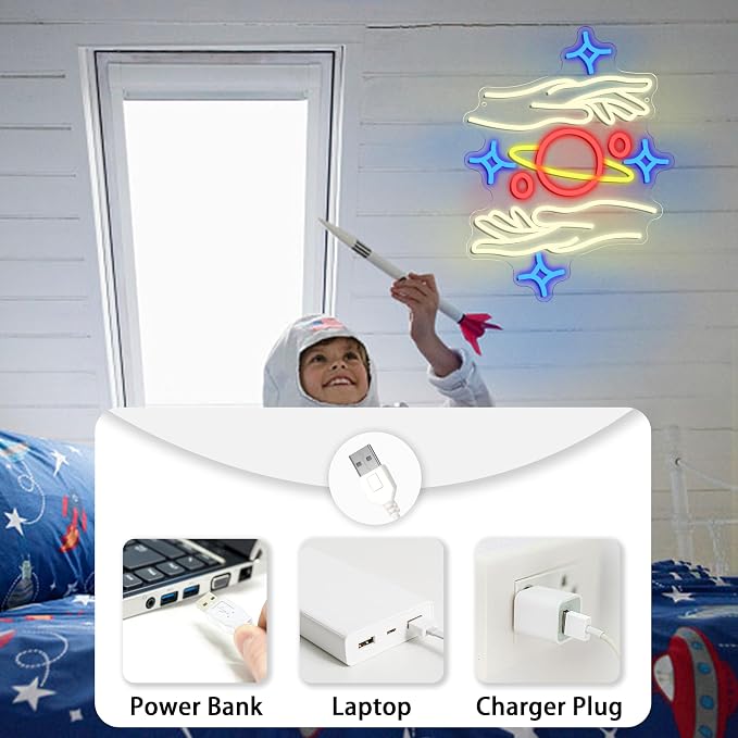 Holding the Galaxy Neon Sign for Wall Decor Dimmable Usb Powered Planet Led Sign 16.54’’*12.6’’ Moon Neon Light Adorable Led Star Sign for Bedroom Gaming Room Cafe Bar Party