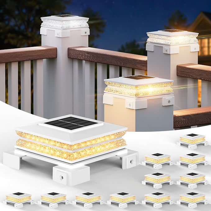 APONUO Solar Post Cap Lights Outdoor, 3 CCT& 2 Brightness Deck Post Lights Solar Powered for 4x4 5x5 6x6 Vinyl Wooden Posts, Waterproof Dusk to Dawn Fence Deck Lights for Patio Garden, White, 12-Pack