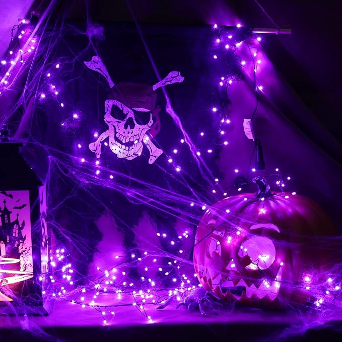 Halloween Fairy Lights Plug in, String Lights for Halloween Decorations | 10FT 200LEDs, 1 Pack with Remote, Purple, Waterproof Firecracker Lights for Ceiling Window Bar Haunted Theme Halloween Decor