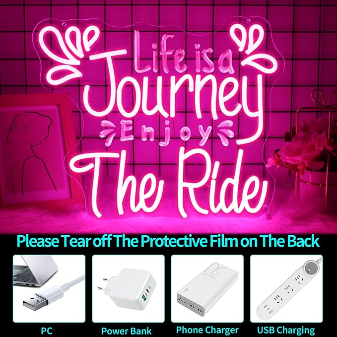 Neon Sign, Life Is a Journey Enjoy the Ride Neon Signs for Wall Decor Pink LED Light up Girls Room Party Preppy Decoration USB Powered