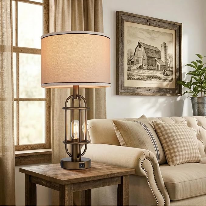 Reaketon Table Lamps for Living Room Set of 2, 22.3" Farmhouse Lamps for Nightstand, Industrial Table Lamps for Bedroom with USB Ports