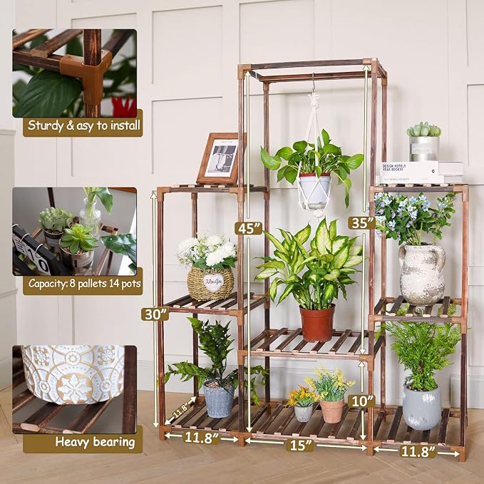 Plant Stand Indoor Outdoor Tall Shelf for Multiple Plants 8 Tiers 12 Pot Large Rack Pine Wood Corner Plant/Flower Holder for Room Corner Balcony