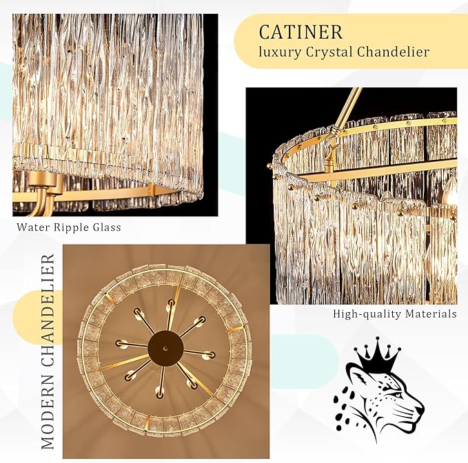 Gold Drum Chandelier 24.4" Modern Crystal Glass Chandeliers Luxury 8-Light Pendant Ceiling Chandelier Lighting for Dining Room Foyer Living Room Bedroom