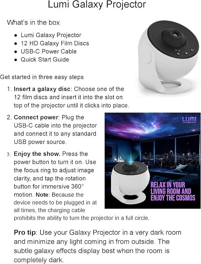 Lumi Galaxy Projector Star Projector Galaxy Light with 12 HD Film Discs | 360° Rotating Planetarium Room Lights for Bedroom Ceiling, Night Light for Kids, Aurora Northern Sky Display, Gift Idea