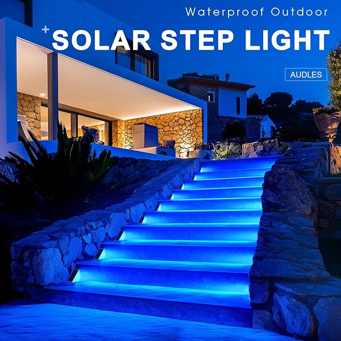 2 Pack Solar Stair Lights, Outdoor Step Lights with Waterproof IP67, Blue Color LED Solar Light for Outside Light Decor for Stair, Deck, Front Step, Front Porch, Patio and Backyard
