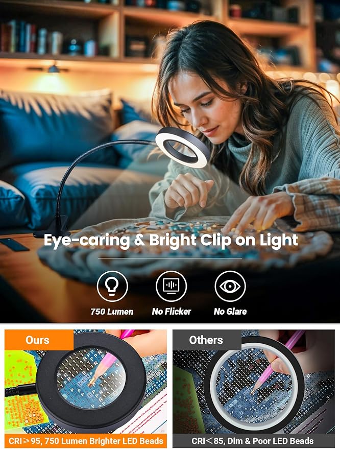 10X Magnifying Glass with Light,5 Colors+10 Brightness Magnifier with Light | 750 Lumen Magnifying Lamp, 58 LED Clip on Reading Lights for Books in Bed, Clip on Lamp for Desk/Headboard/Nail/Craft/Puzzle