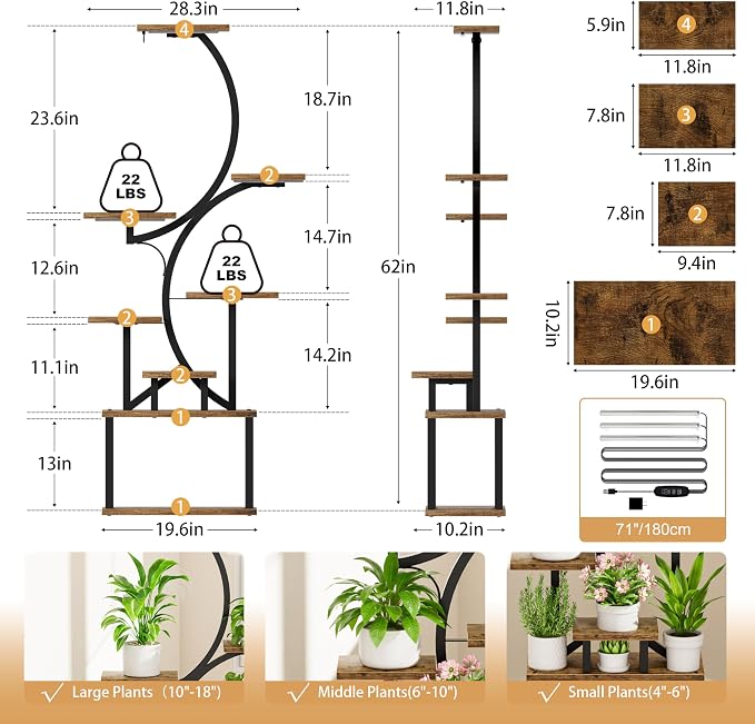 BACEKOLL Plant Stand Indoor with Grow Light, 8 Tier Corner Plant Shelf Tall | 62" Lighted Flower Holder for Plant Multiple, Space-Saving Beautiful Display Growing Rack for Home Patio, Sturdy Metal, Brown