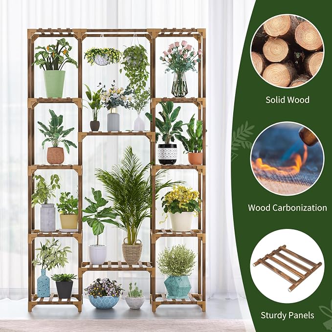 Plant Stand Indoor Outdoor, Tall Plant Shelf for Multiple Plants, 12 Tiers Large Plant Rack Wood Plant Holder Plant Shelves for Room Corner Balcony Garden Patio