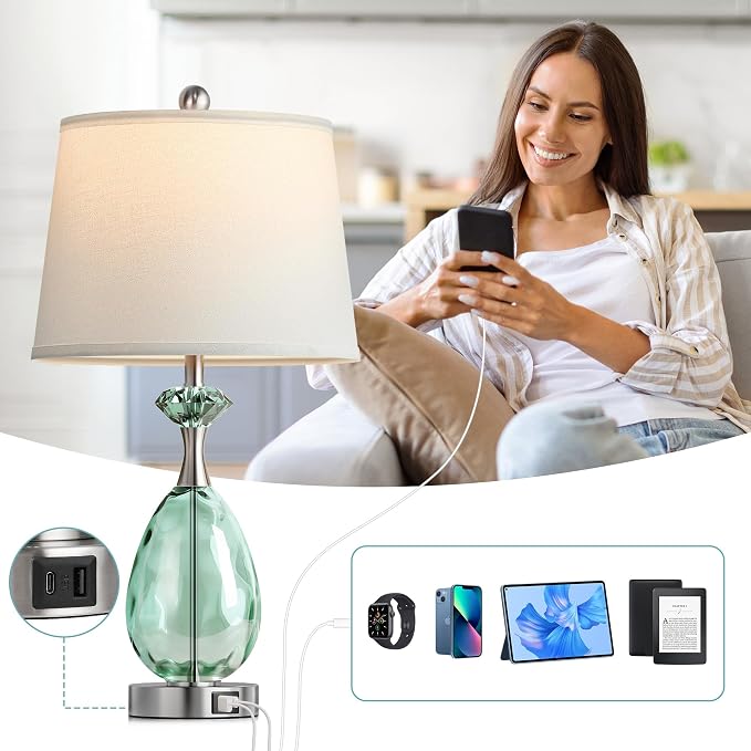 Hamucd Coastal Glass Table Lamps Set of 2, 3-Way Dimmable Touch Control Nautical Lamp with USB A+C Ports,Bedside Lamps Beach Decor, Modern Nightstand Lamps with 2 LED Bulbs for Bedroom Living Room