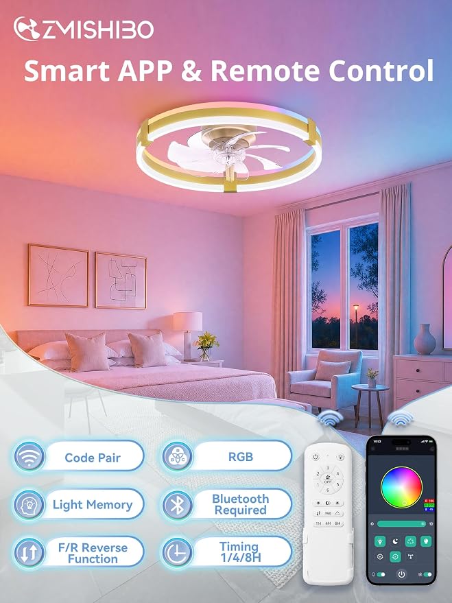 ZMISHIBO 20" RGB Low Profile Ceiling Fans with Lights and Remote, Gold | Custom RGB+3CCT Dimmable, 6 Speeds, Remote/App Control, Reversible DC Motor, Memory, Timer, Modern Fandelier for Kids/Bedroom