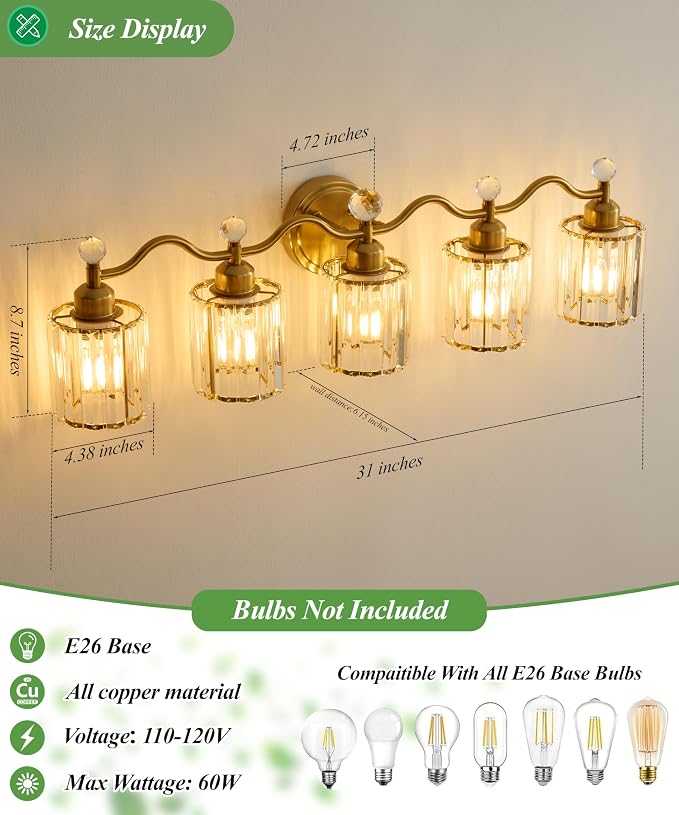 5-Light Gold Bathroom Light Fixtures,Modern Bathroom Vanity Lights Fixture with Clear Crystal Glass Shade, Modern Crystal 5 Lights Wall Sconce for Mirror Bedroom Living Room