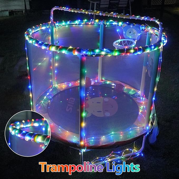 QITONG Multicolor Solar Rope Lights, 2 Pack Each 33ft 100 LED Trampoline Lights, Fairy Lights in Clear Thin Tube with 8 Modes