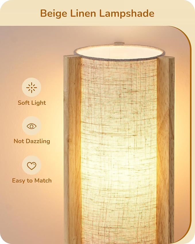 EDISHINE Small Cute Table Lamp, Natural Wood Nightstand Lamp, 13.5", E26 | Cylinder, Beige Linen Shade, On-Off Line Switch, Three-Sided Base, Corner Modern Bedside Lamp for Living Room, Bedroom