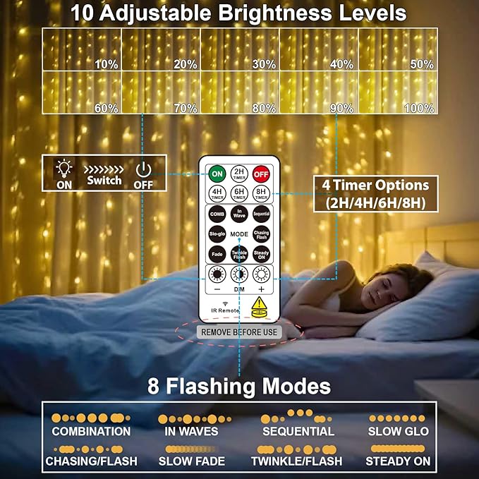 HXWEIYE 300LED Fairy Curtain Lights, 9.8x9.8Ft USB Plug-in 8 Modes Christmas String Hanging Lights with Remote for Bedroom Backdrop Wedding Indoor Wall Decor, Warm White, Standard – 1 Pack