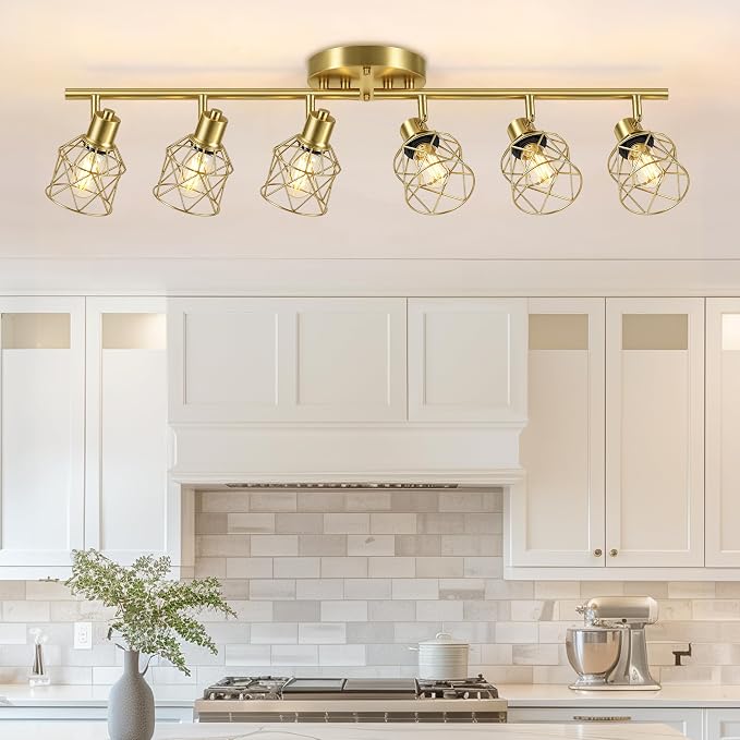 Baocuz 6-Lights Gold Semi Flush Mount Ceiling Light, Adjustable Multi-Directional Light Fixtures, Rotatable Farmhouse Light Fixtures with Metal Cage for Dining Room, Living Room, Kitchen