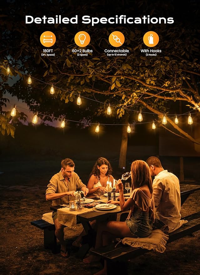 Brightown Outdoor String Lights, 180FT 60+2 LED ST38 LED Patio Lights Shatterproof, Dimmable IP65 Waterproof Connectable Hanging Outdoor Light for Backyard, Porch, Deck, Balcony