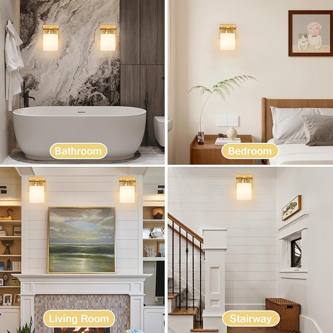 Modern Bathroom Light Fixtures Over Mirror, Vanity Lights for Bathroom Wall Sconces with Milky White Glass Shades, E26 Socket (Bulbs Not Included), 1 Light, Brass