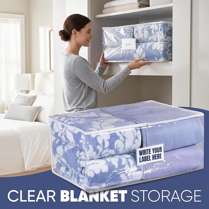Masirs Clear Blanket Storage Bag (2-Pack) - Vinyl Clothing Organizers with Zipper & Label Pocket - Protects from Dust, Moisture & Dirt - Ideal for Underbed Storage Sheets, Comforters & Bedding