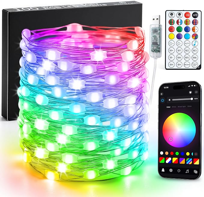 JMEXSUSS Smart RGB Fairy Lights, 33FT 100 LED Color Changing String Lights | USB Lights for Bedroom Christmas Party Wedding Classroom Decor, Copper Wire, APP & Voice Control, Music Sync, Group Control