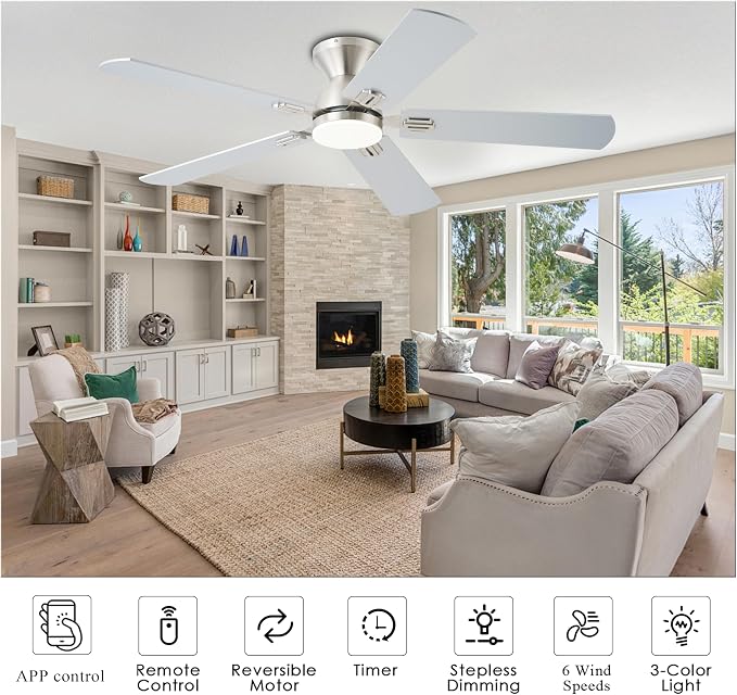 KNUN Ceiling Fans with Lights,52 Inch Low Profile Ceiling Fans with Remote Control and App,3 Color Dimmable LED, 6 Speeds DC Reversible,Noiseless, Flush Mount Ceiling Fan for Bedroom, Outdoor Patio