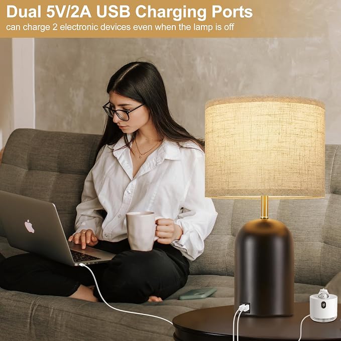 Bedside Lamps with USB C+A Charging Ports, Table Lamp Touch Control Dimmable Modern Lamp for Bedroom Lamps for Night Stands with Fabric Shade for Living Room Office Dorm (LED Bulbs Included)