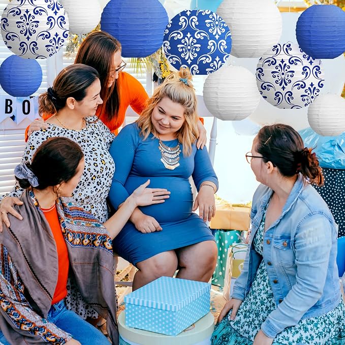 12 Pcs Chinoiserie Paper Lantern 12"10" 8" Blue and White Porcelain Print Hanging Decoration Round Lanterns for Chinese New Year Anniversary Party Wedding Home Decoration
