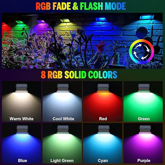Solar Fence Lights, Warm White & RGB Fence Lights Outdoor Step Lights Outdoor Waterproof LED Solar Lighting for Outside, Backyard, Patio, Deck, Stair Handrail, Pool and Wall(8 Pack,Black)