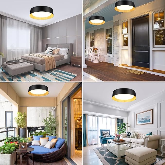 Flush Mount Ceiling Light, 16in Modern Ceiling Light 5 Color Temperature | 30W Bathroom Ceiling Light Fixture, 3000LM Dimmable LED Flush Mount Light for Bedroom, Hallway, Kitchen, Black & Wood, 2-Pack