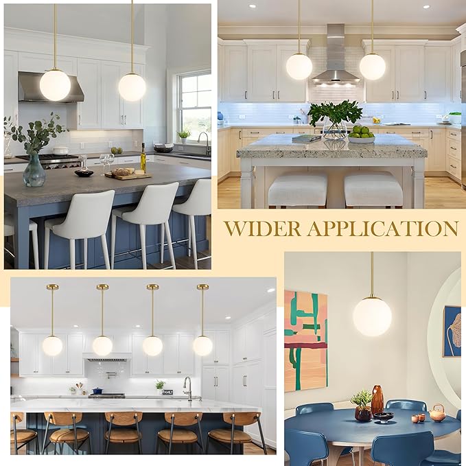 8" Globe Pendant Light Gold 2 Pack Mid Century Pendant Light Globe Pendant Lights Kitchen Island Brushed Brass Finished with Milk Glass Adjustable Ceiling Light Fixtures for Dining Room Bar