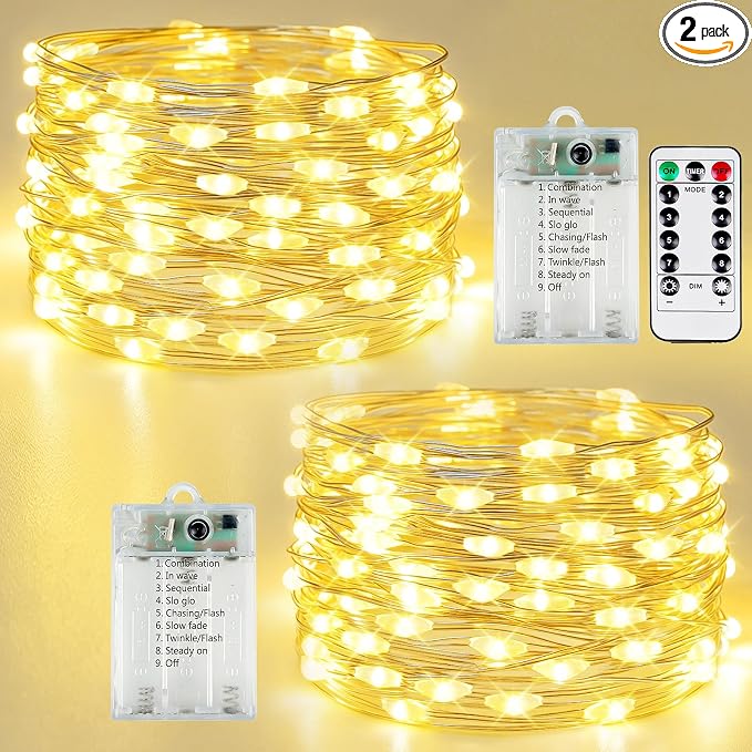 2 Pack Fairy Lights Battery Operated with Remote Twinkle Lights Warm White | Each 80LED 26FT, Waterproof Wire, 8 Modes, Timer & Memory, LED String Lights for Wedding Christmas Outdoor Indoor Table Decor