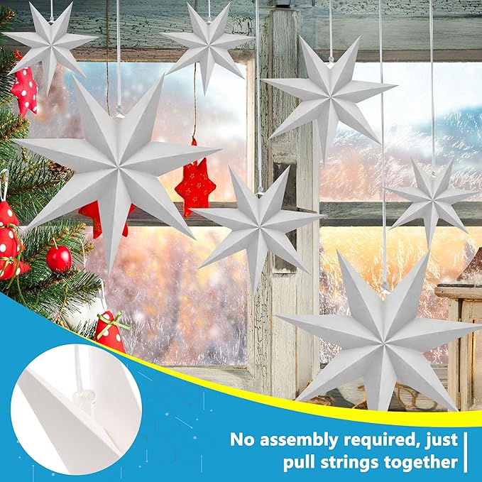 8 Pack 18 Inch/ 14 Inch/ 12 Inch/ 10 Inch 3D Paper Stars 7-Pointed White Hanging Paper Star Decorations for Christmas Holiday Wedding Birthday Party Room Decor, 4 Size