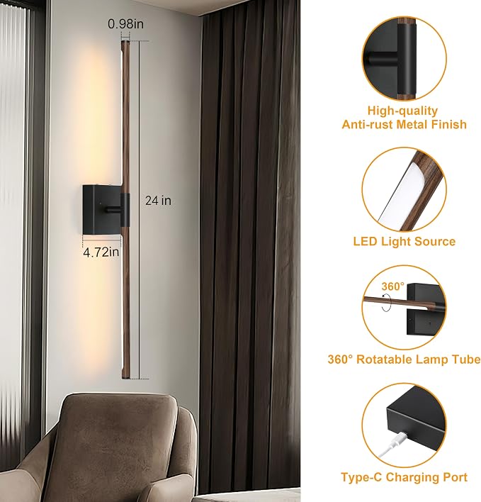 Morauroral 24″ Walnut Black Battery Operated Wall Sconces, Dimmable Wall Sconces with Remote Control, Rechargeable Sconces Wall Lighting, LED Wireless Wall Lights for Bedroom, Living Room, Bathroom