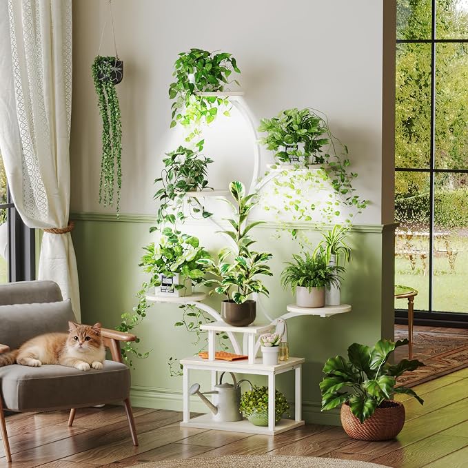 51 Inch Plant Stand with Grow Lights, 8 Tiered Indoor Plant Shelf | Corner Plant Rack with Larger Flower Holder, Curved-tubed Design, 3 Light Modes, for Living Room, White