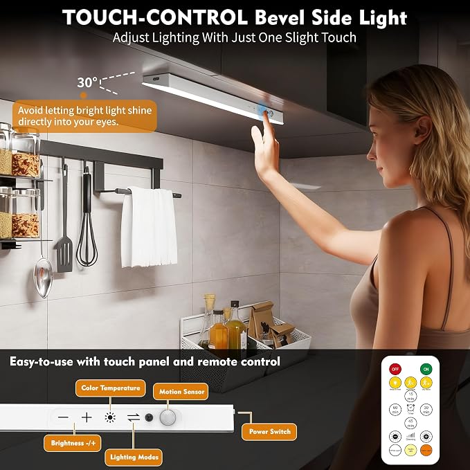 12" Under Cabinet Lights Wireless Rechargeable, Motion Sensor, 5Pack, White | Touch & Remote Control丨160 bright LEDs丨4000mAh Battery丨Dimmable 3 color temps丨Magnetic install for kitchen counter, closet